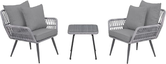 Manhattan Comfort Cannes 3-Piece Patio Conversation Set, Outdoor Furniture | Includes Modern Cushioned Rope Wicker Chairs & End Table, Removable & Washable Cushions, Tempered Glass Tabletop, Grey