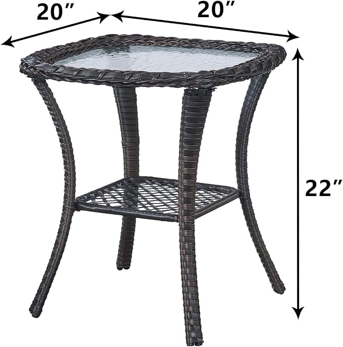 Rilyson Patio Tables Wicker Side Table - Rattan End Table with Glass Top for Outdoor Outside Patio Porch Deck Square Brown