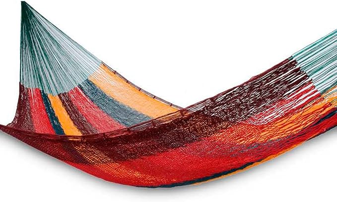 NOVICA Red Yellow Brown Striped Hand Woven Cotton Mayan 1 Person Rope Hammock, 'Red Wine Sunset' (Single)