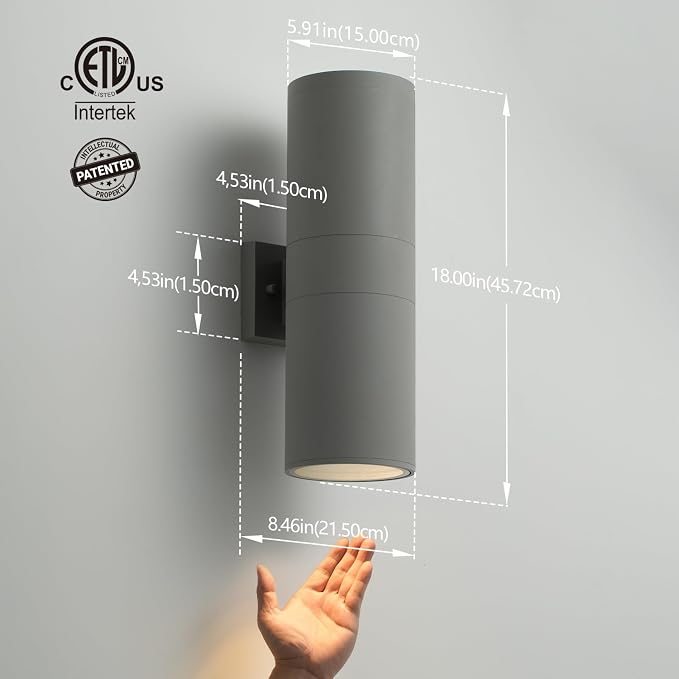 mirrea 18" Modern Outdoor Porch Light in 2 Lights, Matte Gray, 2 Pack | Aluminum cylinder exterior fixtures, tempered glass cover, waterproof wall sconce & patio light for outdoor use.