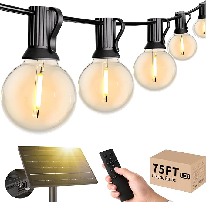 Svater Solar Outdoor String Lights 75 FT, G40 Patio Lights Shatterproof Dimmable Vintage Edison Bulbs, Solar Powered Weatherproof Light for Patio, Backyard, Garden, Bistro, Warm White