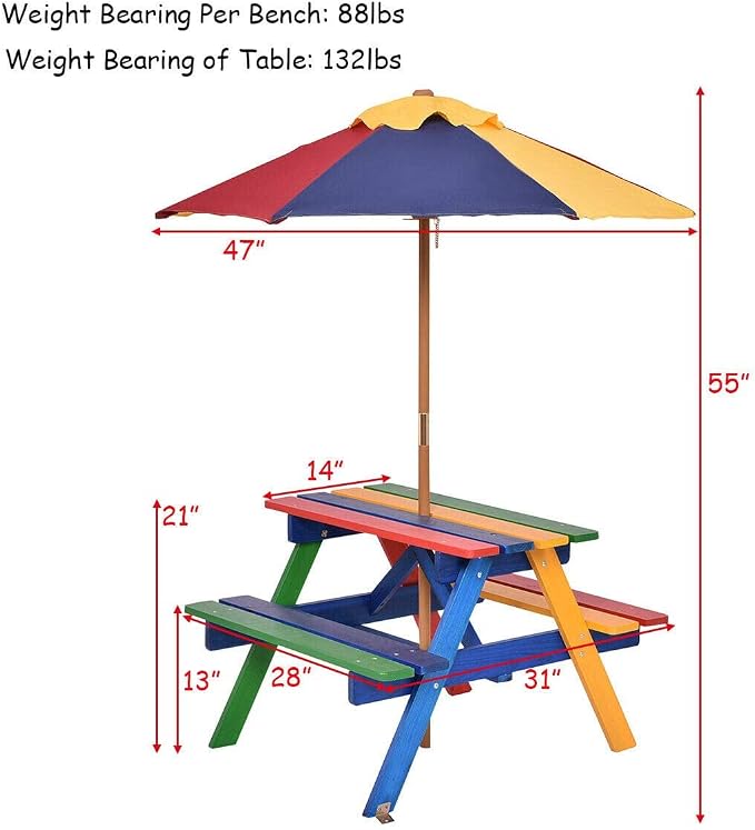 Olakids Kids Picnic Table, Outdoor Toddler Wooden Table and Chair Set with Removable Umbrella, Children Activity Furniture Bench Set for Patio Garden Backyard