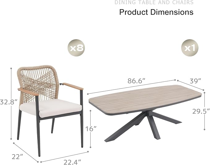 SUNSITT 9 Piece Outdoor Patio Dining Set, Patio Dining Furniture Set with 87” Aluminum Dining Table w/X Base Legs and 8 Woven Wicker Patio Chairs w/WPC Armrests for Garden, Dark Grey