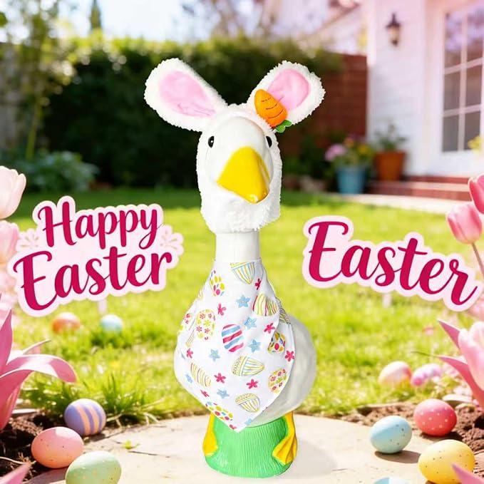 Easter Bunny Outfit for Porch Goose - Spring Costume with Adjustable Hat & Colorful Scarf, Cute Easter Basket Stuffers for 23" or 17" Lawn Statue Decor