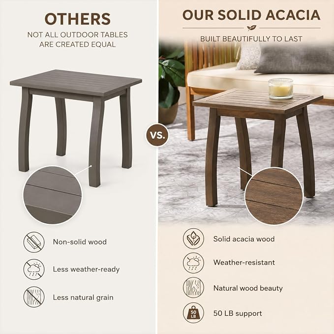 Selma Acacia Wood Outdoor Side Table, Weather Resistant Slatted Design Patio Coffee End Table, Decorative Decorated Accent Table for Balcony Beach Poolside, Natural Stained (Grey + Acacia Wood)