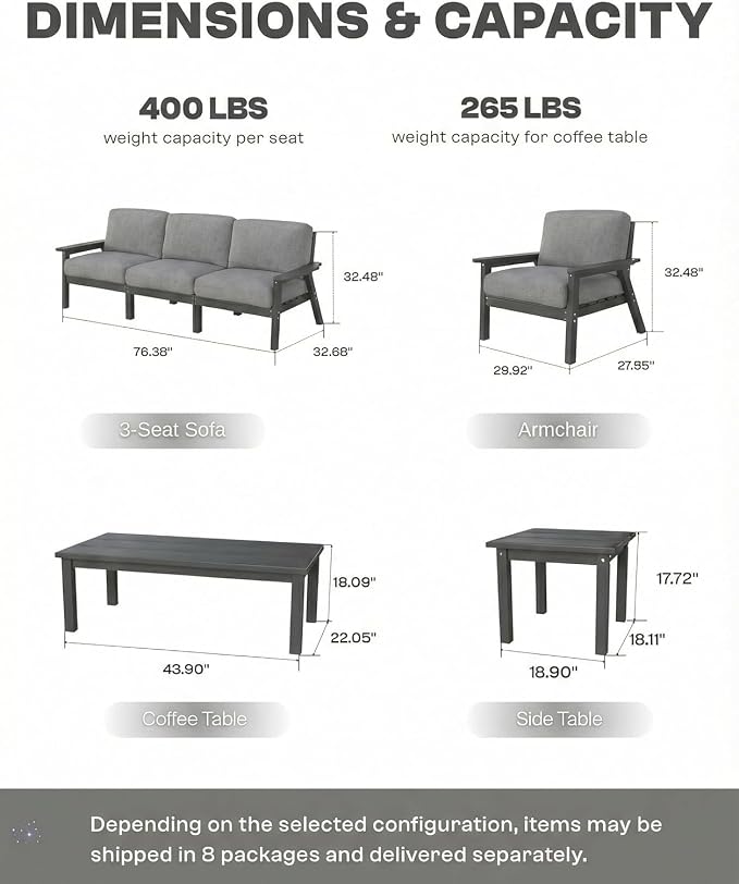 HDPE Patio Furniture Set 10 Seats, Outdoor Couch with Washable Thick Gray Cushions & Coffe Table & Side Table, Outdoor Sectional Furniture for Backyard, Deck, Lawn, Porch (Gray Frame)