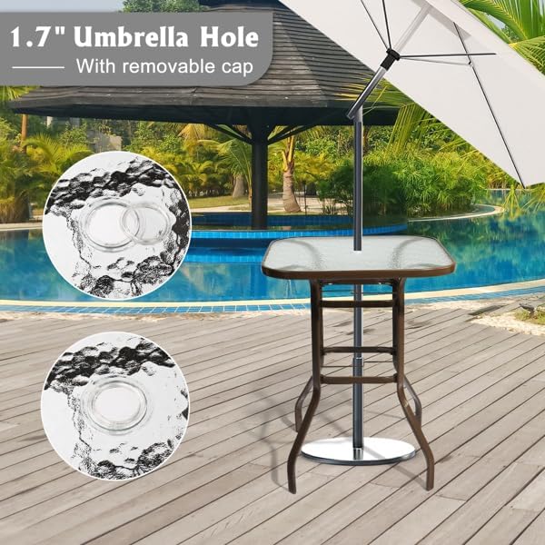 Outdoor Bar Table with Umbrella Hole, End Table with Glass Top, Patio Coffee Bistro Table for Indoor Garden Porch Balcony (Brown, Square 31x31x40in)