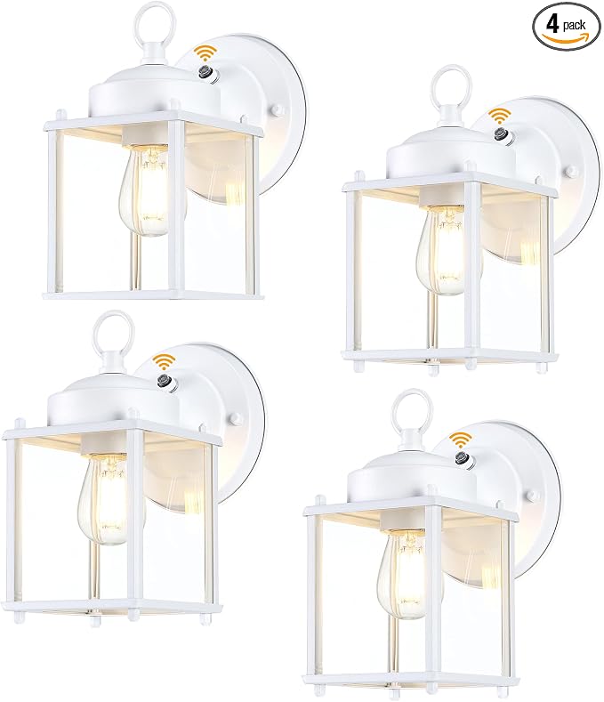 Outdoor Wall Light, Porch Lamp, Dusk to Dawn, White | Exterior Wall Sconce Fixture for House, Garage, Patio, Rustproof Waterproof, Metal Housing with Glass, E26 Base, 4 Pack