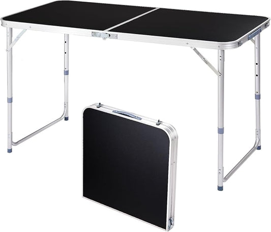 Folding Table 4 Foot - 3-Position Adjustable Height, Lightweight Fold-in-Half Utility Table for Outdoor Picnic BBQ Camping Fishing RV Beach, Aluminum Frame, MDF Desktop, with Carrying Handle