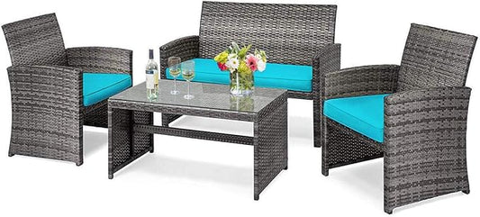 DORTALA 4 Piece Patio Furniture Set, Outdoor Wicker Conversation Set with Soft Cushions & Tempered Glass Coffee Table, Rattan Patio Sofa Bistro Sets for Courtyard Balcony, Turquoise