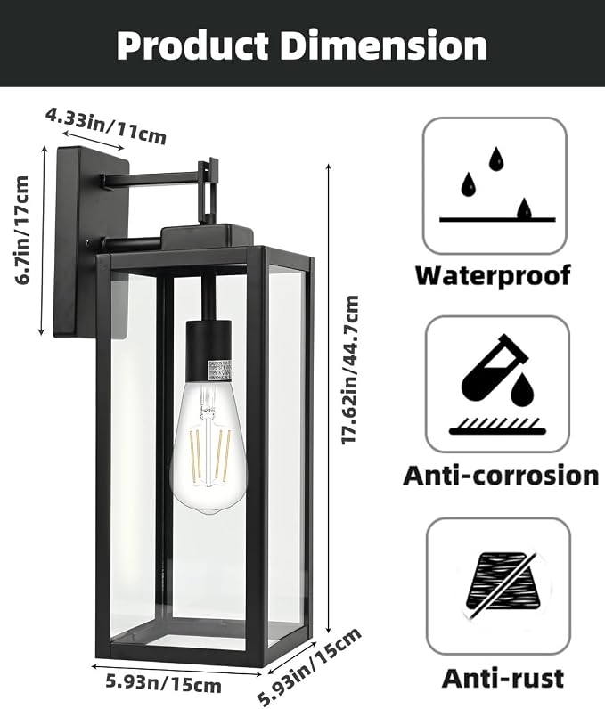 2 Pack Large Outdoor Wall Sconce, 18 Inch Black Wall Lantern Large Size Porch Light for House Outside Wall Light Fixture for Garage, Patio Light with with Glass Shade, E26 Socket