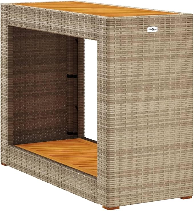 Outdoor Patio Side Table Beige Poly Rattan with Wooden Top 39.4" x 15.7" x 29.5" Coffee Small Side Table for Garden, Patio, Balcony, Backyard, Living Room