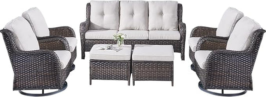 Rilyson Wicker Patio Furniture Set - 7 PC Rattan Outdoor Sectional Conversation Sets with 4 Swivel Rocking Chairs,2 Ottomans and 1 Sofa for Porch Deck Garden(Brown/Beige)