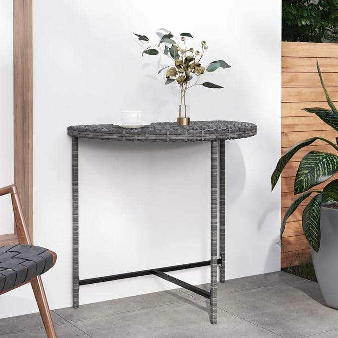 Wicker Half-Moon Patio Table, Half-Round Rattan Bistro Table, Gray 31.5"x19.7"x29.5" Poly Rattan, -285