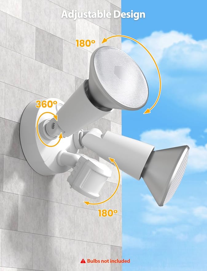 Onforu 2 Pack Motion Sensor Outdoor Lights, Dusk to Dawn Flood Light Fixture, Adjustable Dual PAR38 Heads, Hardwired Floodlight, E26 Base, 300W Max for Garage, Driveway, Yard, Porch, White