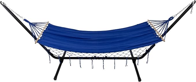 Hammock with Netted Fringe and Wooden Bars - 100" x 41" - Blue
