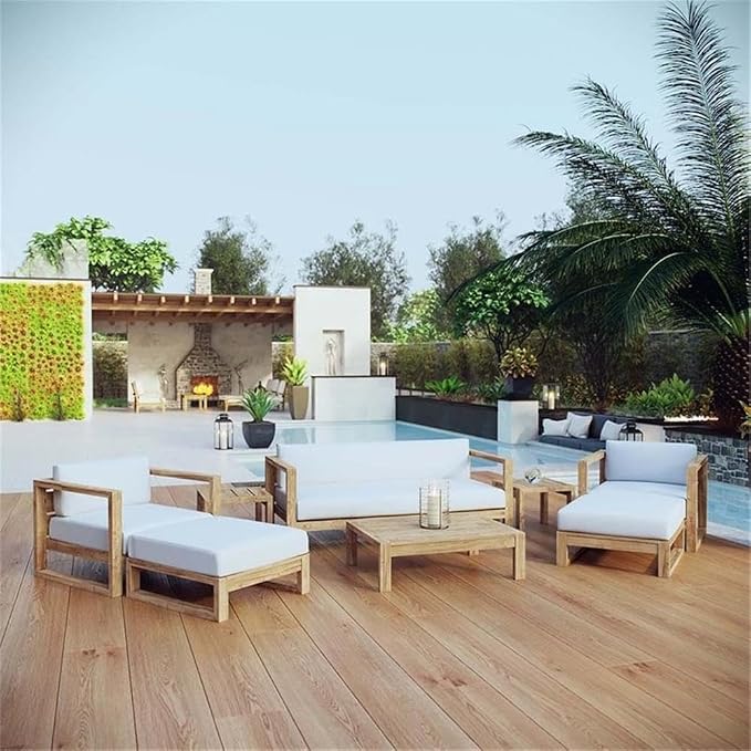 Pemberly Row 8-Piece Teak Patio Sofa Set, Natural Wood and White Finish, Includes Sofa, Armchairs, Ottomans, Coffee Table and Side Tables, Modern Outdoor Furniture with Washable Cushions