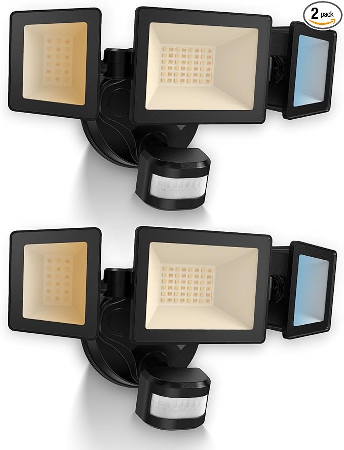 ALUSSO Motion Sensor Outdoor Lights Hardwired(Not Solar),40W 4500LM Flood Lights Outdoor 120V, 3CCT 3000K/4000K/6500K, 3 Modes(Dusk to Dawn/Auto/On Time) Security Light ETL Listed, Black, 2Pack
