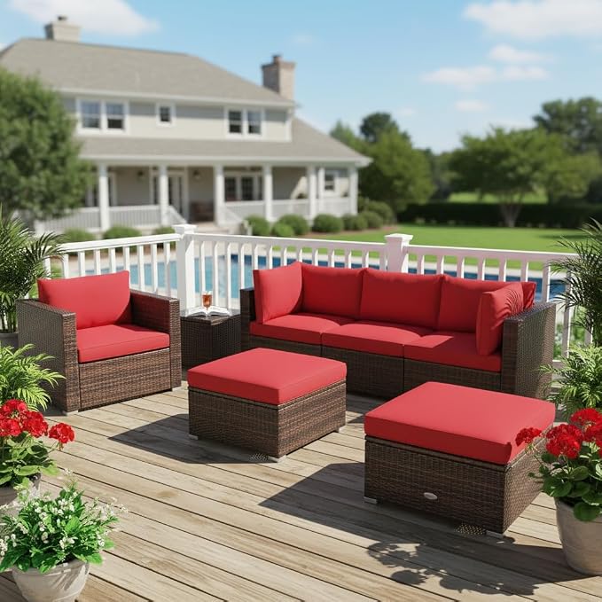 Tangkula 6 Pieces Wicker Patio Furniture Set, PE Rattan Outdoor Sectional Conversation Set with Glass Coffee Table & Ottoman, Wicker Sofa Set with Cushions for Yard Garden, Deck, Porch (Red)