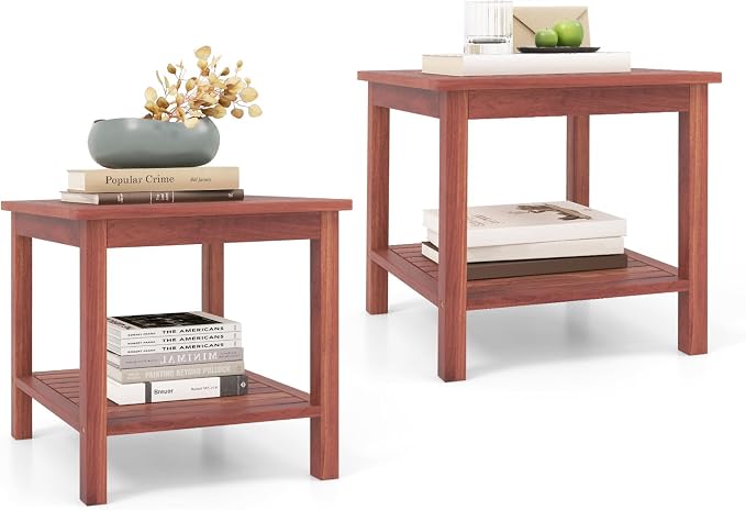 Tangkula Patio Side Table, Double-Tier Acacia Wood End Table, Slatted Tabletop & Shelf, Outdoor Small Side Table with Storage, Compact Wood Table for Backyard, Balcony (1, Natural)