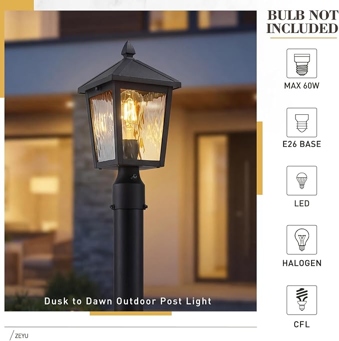 zeyu Lantern Post Light Fixture with Photocell Sensor, 13.7 Inch Dusk to Dawn Outdoor Post Lighting, Exterior Pole Lighting Fixture with Water Ripple Glass, 20076PS-PC BK-WP
