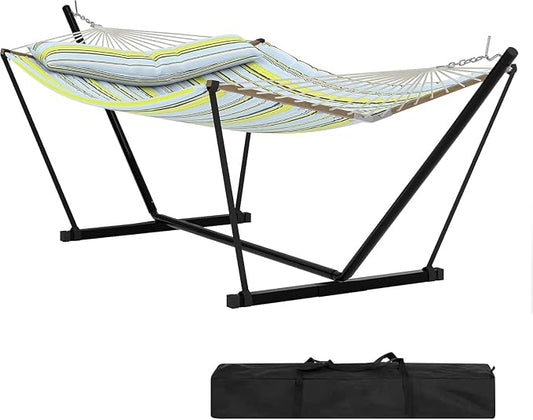 2 Person Outdoor Hammock with Stand, 450 LBS Heavy Duty Anti-Tipping Frame with Balance Rope, Rainproof & Quick Dry for Patio, Backyard, Balcony & Outdoor Garden Use, Light Blue and Green Stripes