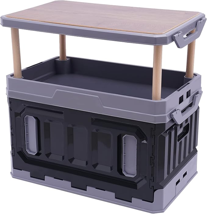 Folding Storage Camping Box Bins with Lids Collapsible, 25.1 Gal Picnic Tables Camp Kitchen Box, Outdoor Plastic Stackable Car Trunk Organizer for Camping,Home,Office,Garage,Trunk (Black)