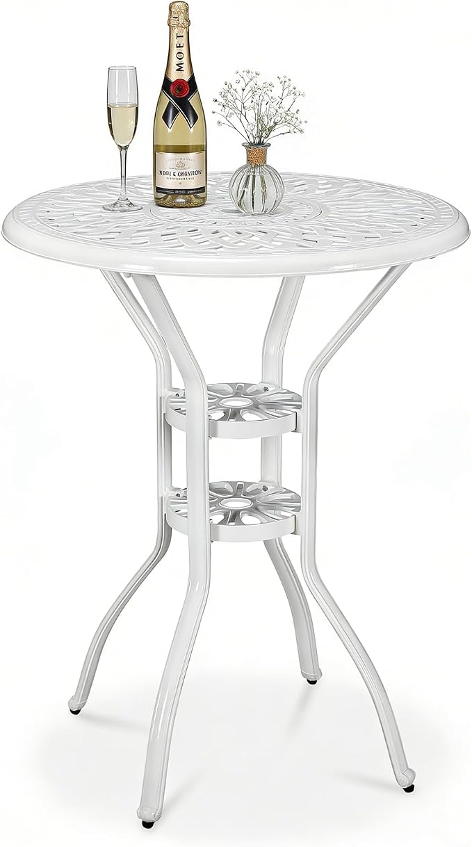 MEETWARM Patio Height Bar Table, 31" Bar Height Bistro Table, Outdoor Cast Aluminum Bistro Round High Top Dining Table with 2" Umbrella Hole for Garden Deck Backyard, White