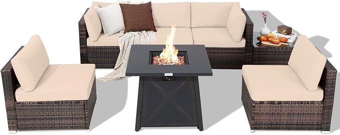 Tangkula 7 Piece Patio Furniture Set w/Fire Pit Table, Patiojoy Outdoor Rattan Conversation Sofa Set w/30 Square Propane Fire Pit Table, 50,000 BTU Heat Output, Protective Cover Included (Brown)