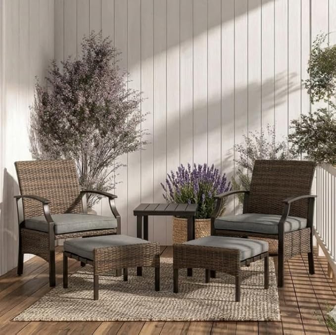Grand patio 5-Piece Outdoor Furniture Sets Wicker Outdoor Patio Chairs with Olefin Cushions Ottomans and Coffee Table for Balcony Backyard Garden Poolside- Gray