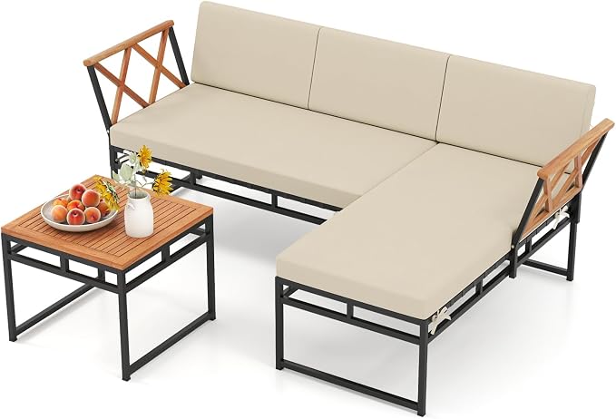 Tangkula 3 Pieces L-Shaped Outdoor Furniture Set, Acacia Wood Patio Sectional Cushioned Conversation Sofa with Square Coffee Table, for Porch, Backyard & Poolside (Beige)