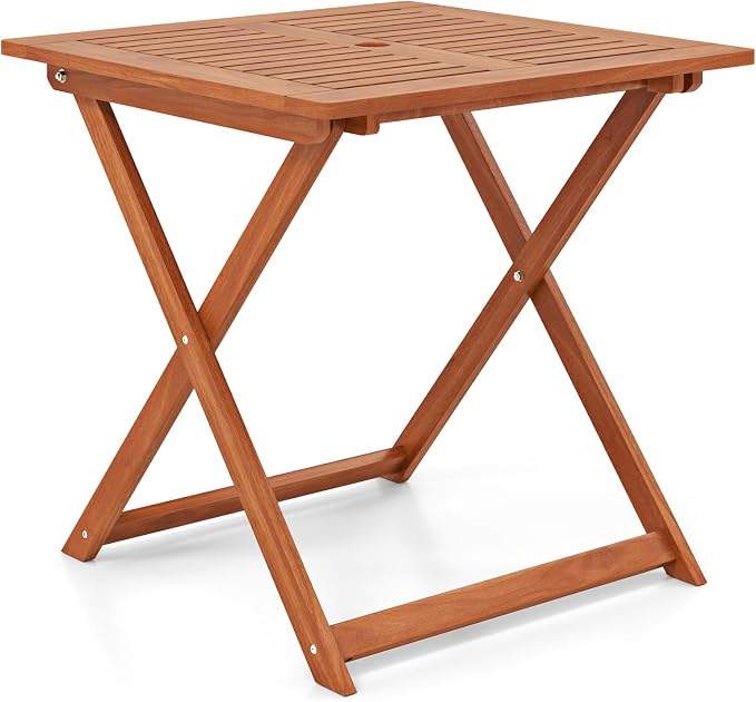 Folding Outdoor Dining Table, Solid Wood Bistro Tables with 2" Umbrella Hole, Square Foldable Patio Table for Porch Balcony Deck Garden Yard, Teak Oil Finish