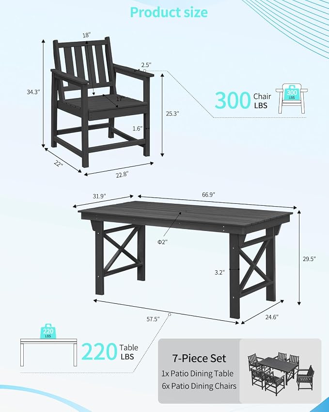 7-Piece Patio Dining Table Sets, Outdoor HDPE Dining Furniture Set with Umbrella Hole Table and 6 Chairs for Poolside, Porch, Yard and Garden, Black