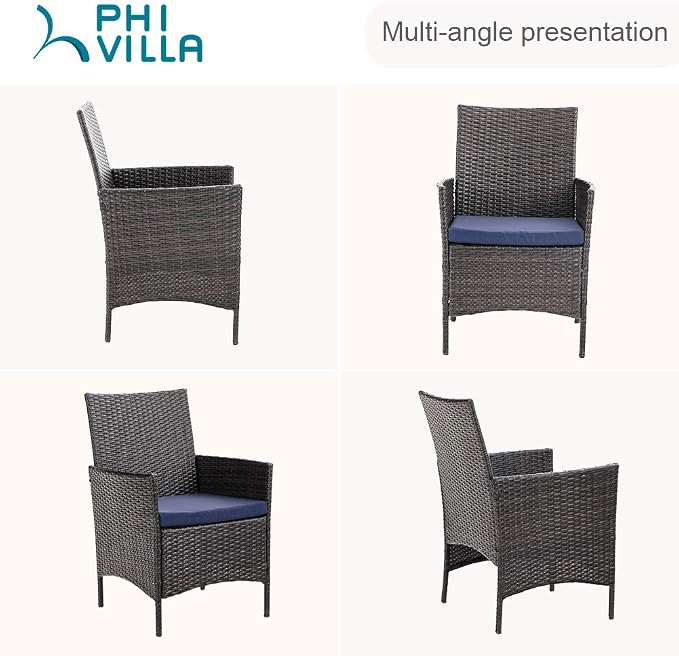 PHI VILLA Wicker Patio Dining Chairs Set of 6 with Removable Cushions | 6 Rattan dining chairs with thick removable seat cushions. Sturdy steel frame, easy assembly.
