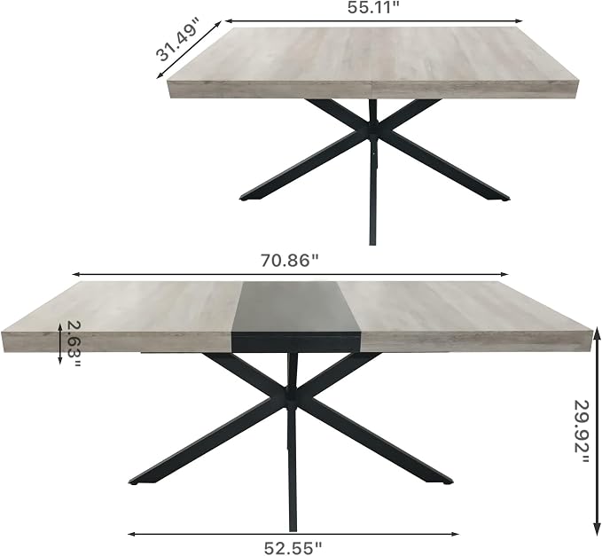 55.11" -70.86" Extendable Dining Room Table, Retro Folding Dining Tables for 4-6 People with Antique Wood Top/Black Fine Sand Cross Iron Foot Base/Storage Box, Black Grey