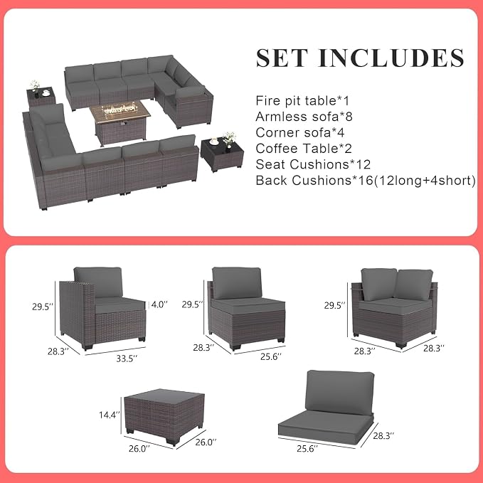 Gotland 15 Pieces Patio Furniture Set with Fire Pit Table, All Weather Rattan Outdoor Furniture with 29.5'' High Backrest 4’’ Thick Cushions Coffee Table, Patio Set for Porch, Deck, Backyard, Gray