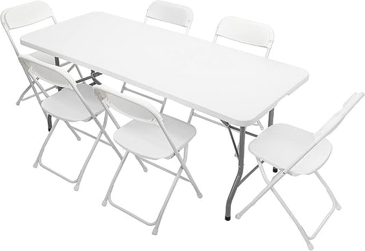 VINGLI 6 FT Plastic Folding Table Set with 6 White Folding Chairs for Picnic, Event, Training, Outdoor Activities, at Home and Commercial Use