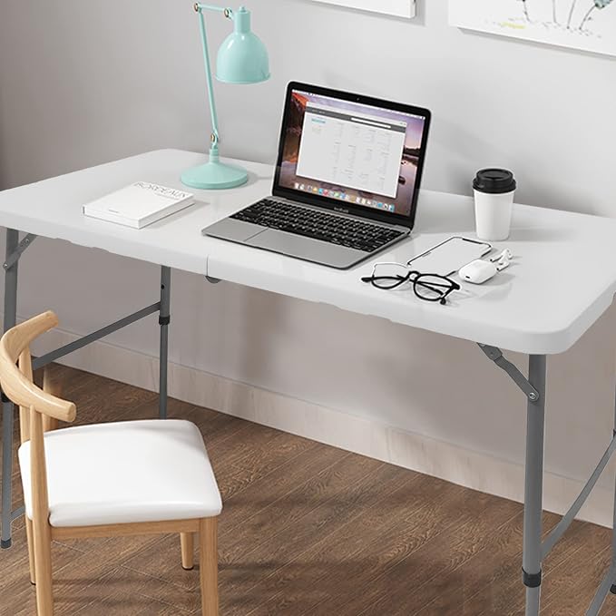 4FT Folding Table Height Adjustable Fold in Half Portable Utility Table with Handle, Lightweight Plastic HDPE Folding Table for Indoor Outdoor Picnic, Party, Camping Use (White)