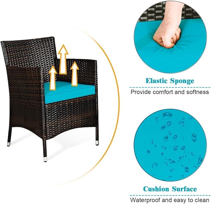 COSTWAY 8PCS Rattan Patio Furniture Set | Outdoor Wicker Rattan Chairs with Coffee Table, Rattan Cushioned Conversation Set for Backyard Balcony Poolside, Turquoise