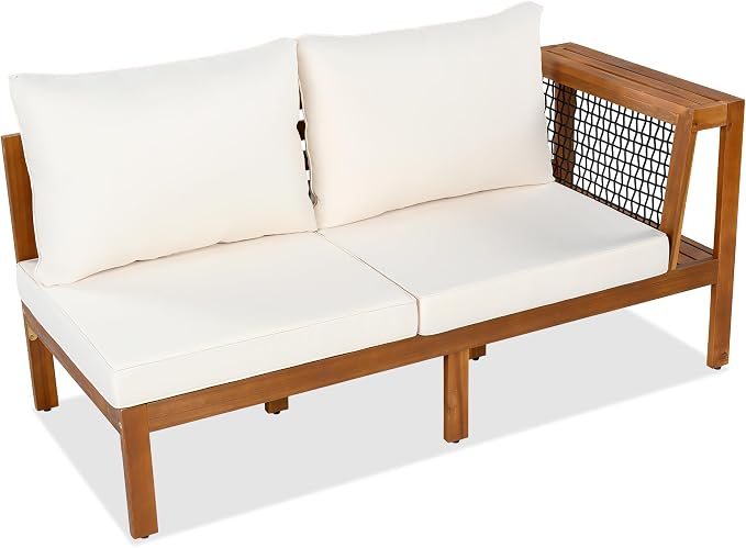 4 Pieces Outdoor Acacia Wood Sofa Set,Woven Mesh Armrests, L-Shaped Patio Furniture Sofa Set with Coffee Table, Outdoor Conversation Set (Beige+Teak#49)