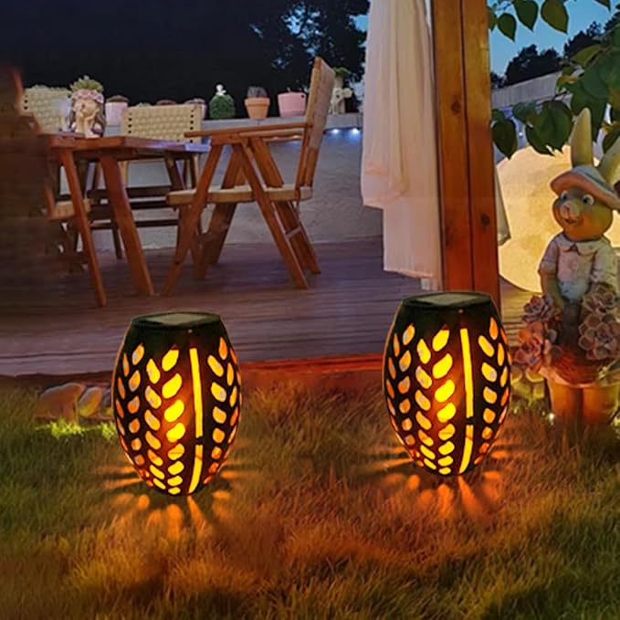 2PCS Solar Table Lanterns Flickering Flame Waterproof Black Leaf | Metal Hollow Black Leaf Design, Waterproof, 7.3" H, For Tabletop Garden Patio Decor