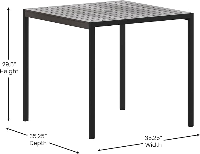 Flash Furniture Outdoor Steel Dining Table - Gray Wash Faux Teak Poly Slatted Top - Commercial Grade Dining Table with Black Frame - 35" Square - Umbrella Holder Hole