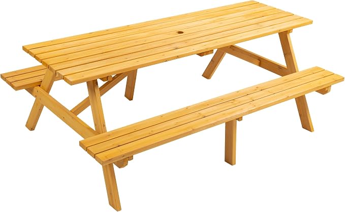 8 Person Rectangle Picnic Table, Outdoor Picnic Table with 2 Benches, Umbrella Hole, Outside Wood Picnic Table and Bench Set for Patio, Backyard, Garden, Porch, 2220lb Capacity - Yellow