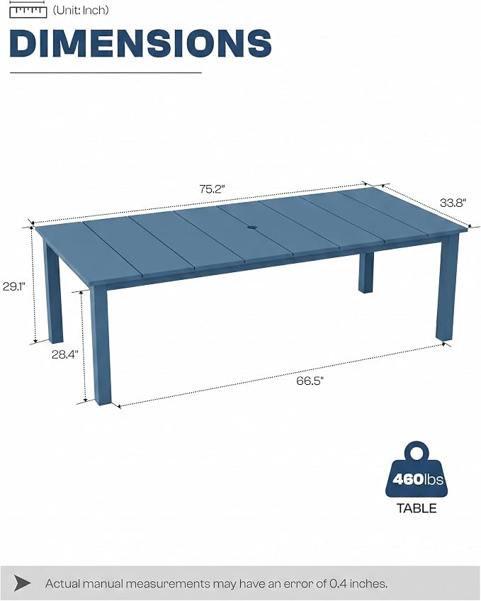 75.2" HDPE Outdoor Dining Table for 4-6 People, Rectangular Patio Dining Table with Umbrella Hole, All Weather Patio Dining Outdoor Table for Deck, Backyard and Garden, Navy Blue