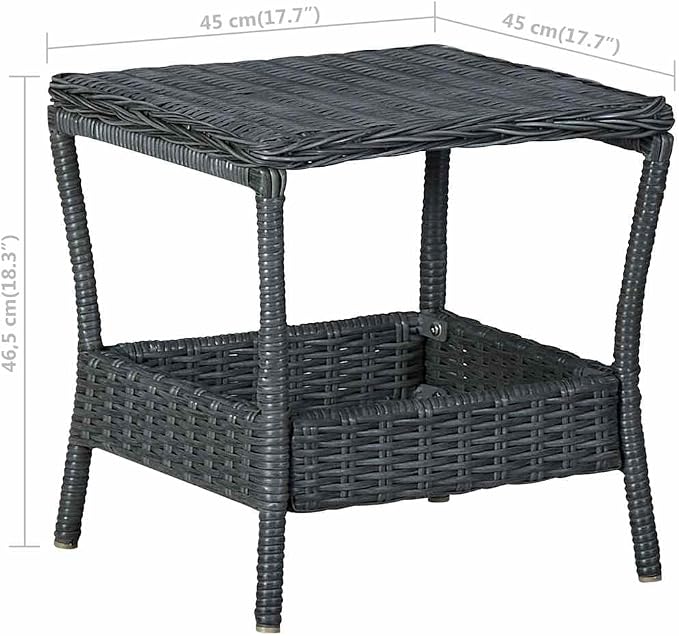Poly Rattan Patio Side Table, 17.7" x 17.7" x 18.3", Dark Gray, Steel Frame