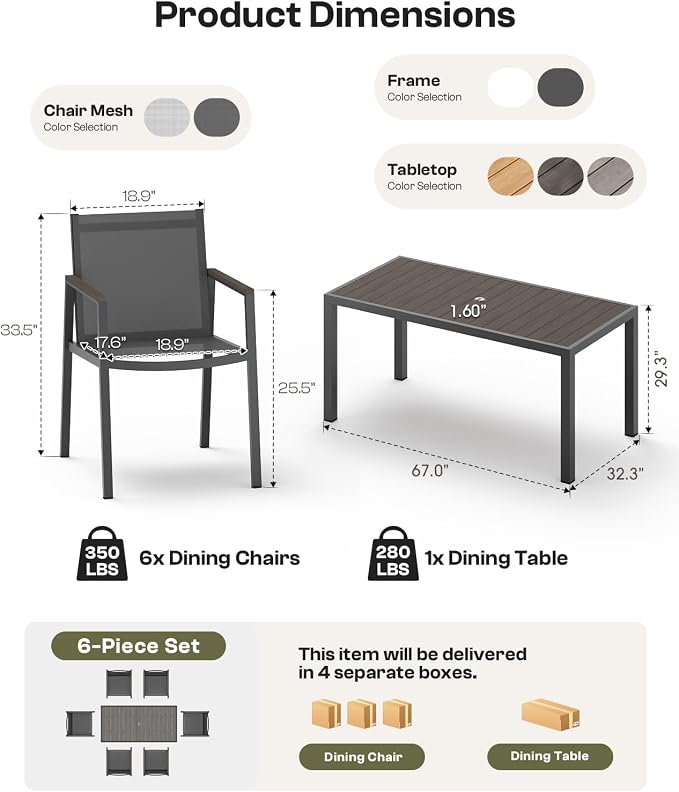 Outdoor Dining Set for 4, Aluminum Patio Table and Chairs Set, 5-Piece All Weather Patio Dining Furniture Set with Umbrella Hole for Backyard, Deck, Poolside (Charcoal)