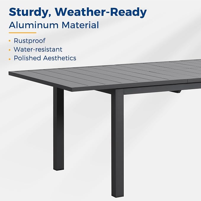 RoyalCraft Aluminum Outdoor Patio Table and Chairs Set with 91.33" L -39.37" W Expandable Dining Table, 9-Pieces Patio Furniture Set for 8, Patio Table Set with Stackable Quick Drying Chairs, Grey