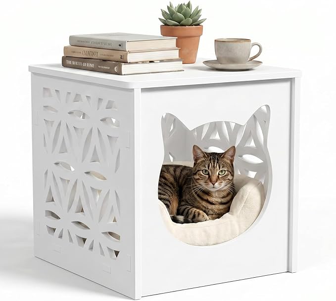 VINGLI Outdoor Side Table with Cat House and LED Light, 15.6" Resin Waterproof Square Side Table End Table for Patio Garden Balcony Porch (White)