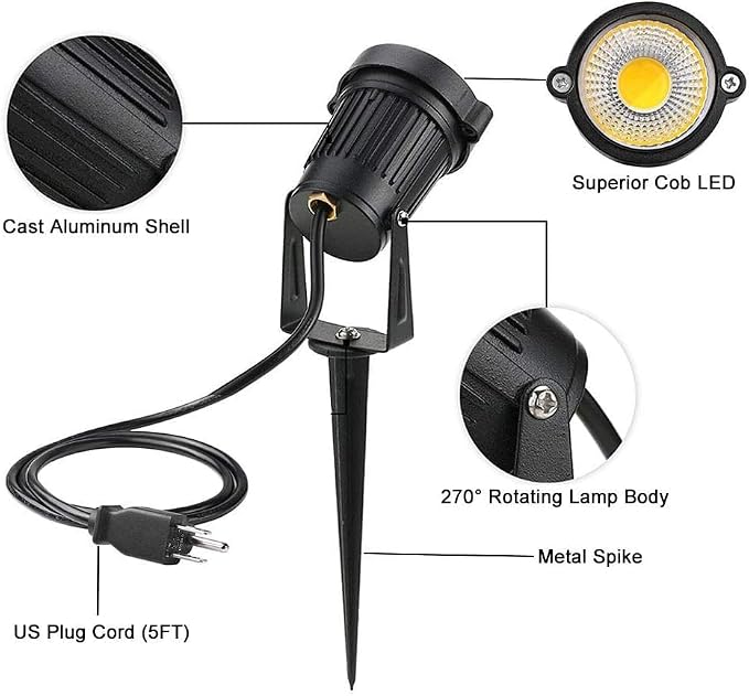 Romwish 10W Landscape Lighting, 120V Plug-in Outdoor Spotlights, 12 Pack | 3000K Warm White, 1100LM Bright LED, IP65 Waterproof, 120V Plug and Play, Adjustable 270° Beam for Yard Garden Lawn Tree
