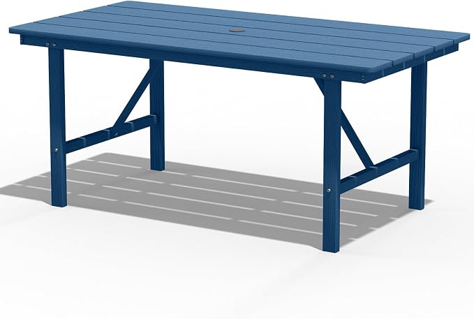 PLUUV 66" Outdoor Dining Table, All-Weather HDPE Rectangular Patio Table with 2” Umbrella Hole, Weatherproof, Navy Blue